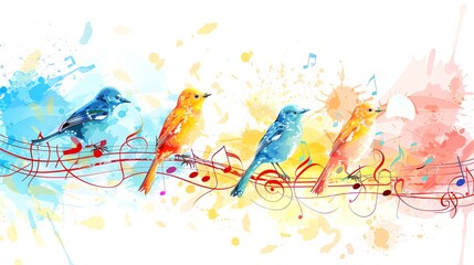 Fototapeta premium Colorful watercolor birds singing on a musical staff.