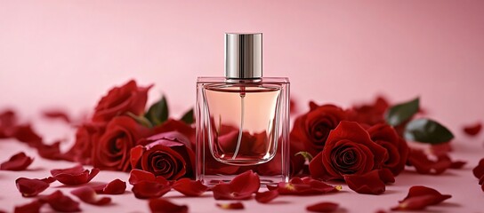 Romantic Perfume Bottle with Red Roses and Petals