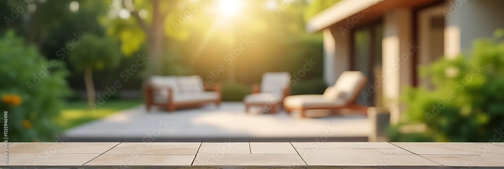 Aufkleber Sandstone top product display platform features a living room and garden setting with a unique Bokeh effect in the background._00002_
