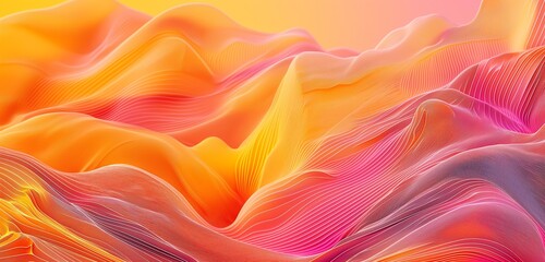 Obraz premium An intricate digital abstract gradient wave background in sunset hues of orange, pink, and yellow. The waves form elegant patterns, evoking the tranquility of an evening sky.