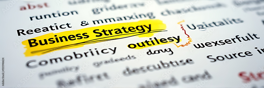 Poster related words highlighted in yellow on a page filled with notes for a successful business strategy a