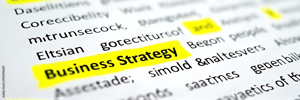 Poster related words highlighted in yellow on a page filled with notes for a successful business strategy a