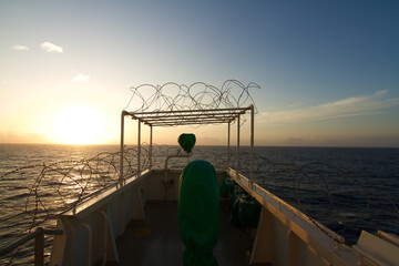 View of the bridge wing of a ship at sea