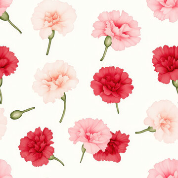 Beautiful seamless pattern featuring pink and red carnations on light background, creating fresh and vibrant floral design perfect for various applications