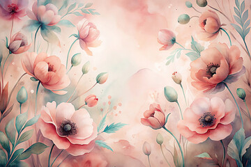 Delicate beautiful floral pattern of pink poppies in watercolor style
