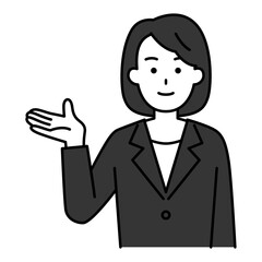 右手で案内する黒いスーツの女性