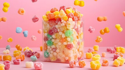 Transparent Food Box Mockup showcases an enticing display of colorful candies, surrounded by a playful swirl of vibrant gummy treats against a soft pink backdrop.