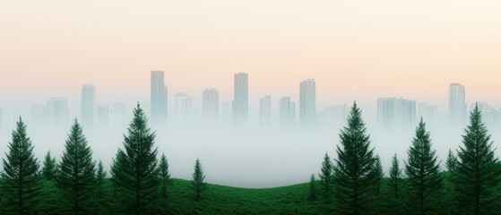 Fototapeta premium A serene skyline emerges through a misty forest at dawn, blending urban architecture with nature's beauty.
