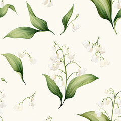 Delicate white lilies of valley with green leaves create serene and elegant seamless pattern, perfect for various design projects