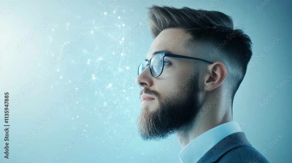 Poster a profile view of a stylish man with glasses and a beard, set against a futuristic backdrop with glo