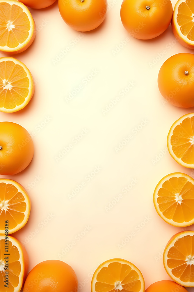 Aufkleber Orange fruit pattern on a flat lay background featuring a frame template from a top view perspective._00002_
