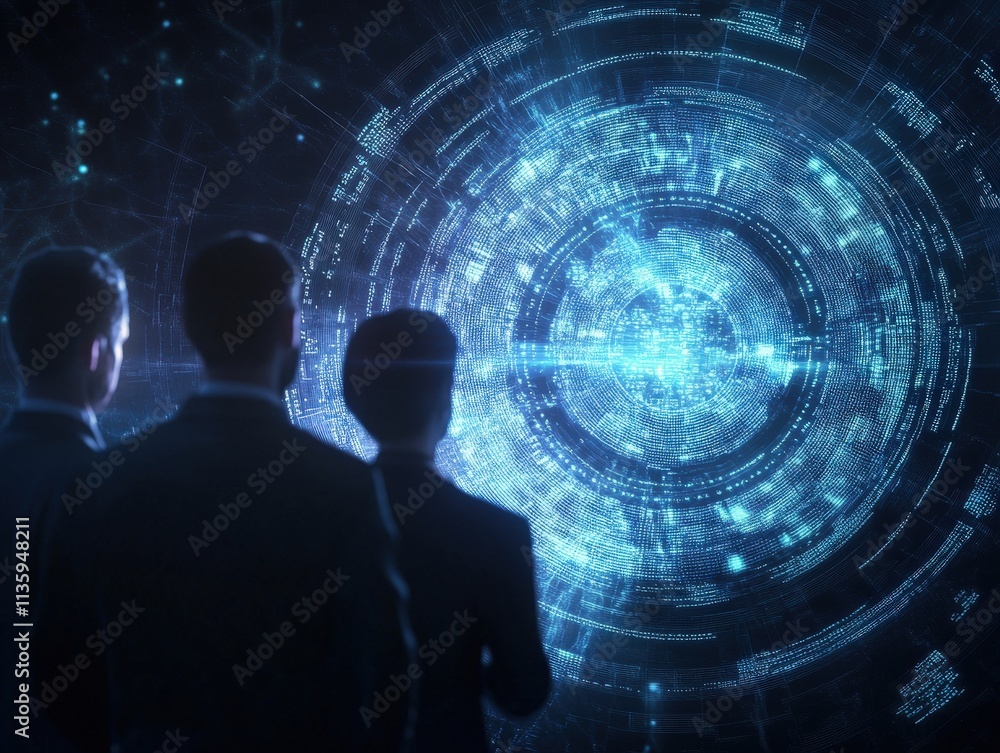 Poster a group of individuals observes a digital, futuristic display, illuminated in blue, suggesting advan
