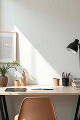 Fototapeta premium office space features a blank desk accompanied by various business accessories that promote motivation and inspiration through creative concepts._00001_