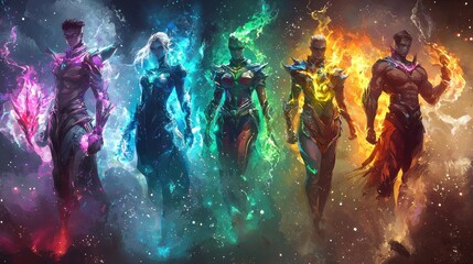 A creative illustration of four characters with unique abilities, symbolizing strength and unity as a fantastic group. - obrazy, fototapety, plakaty