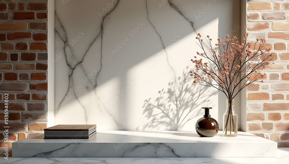 Poster Marble countertop incorporates a product display platform with a subtle shadow tree on a rustic brick wall background._00002_