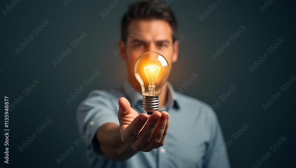 Poster man holds a digital representation of an idea sparked by a light bulb over his male hand._00002_