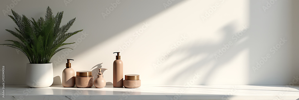 Aufkleber Luxury minimalist design combines marble countertop with a simple product display and subtle shadow of a palm tree on the wall._00002_