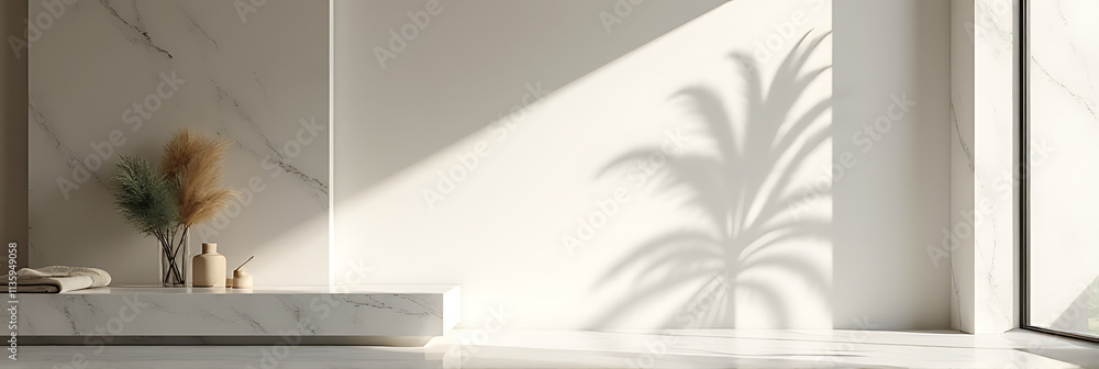 Aufkleber Luxury minimalist design combines marble countertop with a simple product display and subtle shadow of a palm tree on the wall._00001_