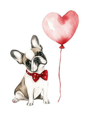 Watercolor painting of a bulldog with heart balloons for Valentine's Day
