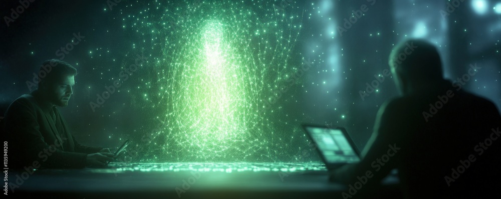 Aufkleber two figures interact with a glowing green holographic display, set in a dark, futuristic environment