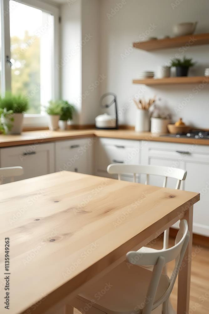 Aufkleber lightly placed wood tabletop with an abstract design blends into a minimalist kitchen room setting w
