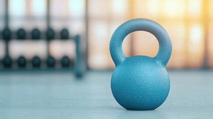 new year resolution concept. A blue kettlebell is prominently displayed in a gym setting, with blurred weights in the background, emphasizing fitness and strength training.