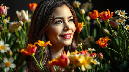 Naklejka premium A photograph showcasing a woman receiving congratulations amidst spring flowers, distinct split dramatic lighting, high contrast, divided sections, bold areas