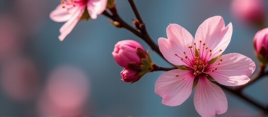 Obraz premium Close-up of beautiful pink blossoms on a branch, ideal for spring-themed designs, floral arrangements, and nature-inspired projects.