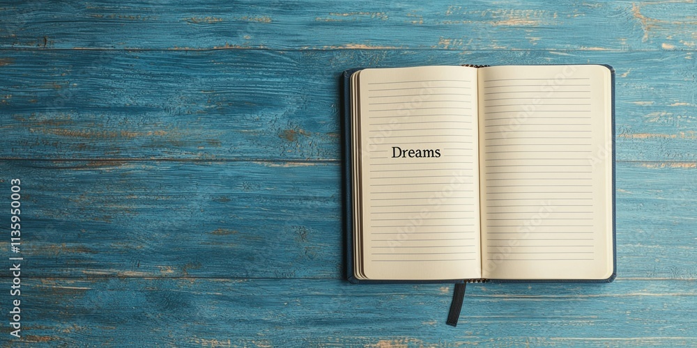 Poster new year resolution concept. an open notebook with blank pages sits on a blue wooden surface, featur
