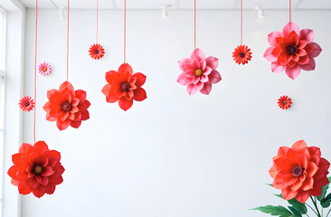 A stylish arrangement of large and small paper flowers in red and pink tones, great for Valentine's Day decor or elegant celebratory visuals. Selective focus