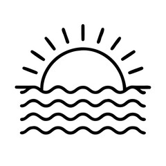 ocean sunset icon, summer line art, summer icon - simple black line art icon of ocean sunset, symbolizing summer celebrations. summer vector art.