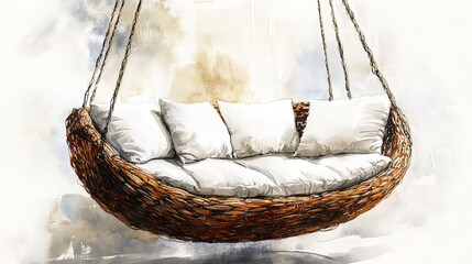 Obraz premium cozy hanging rattan swing with soft white cushions