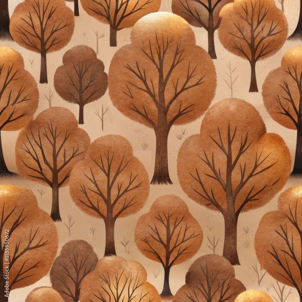 Poster seamless pattern of stylized autumn trees with warm tones and symmetrical design