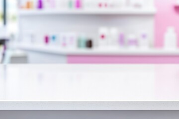 Fototapeta premium Cheerful closeup of an empty countertop in a bright white pharmacy, ideal for health products