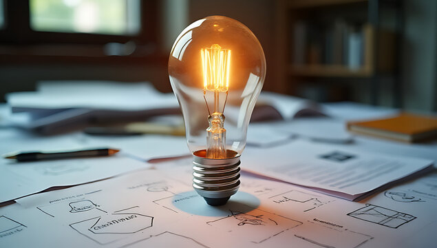 ght bulb sits on a cluttered table surrounded by marketing documents and brainstorming notes outlining creative solutions to business challenges._00001_