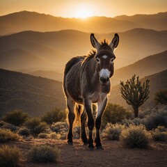 A wild donkey silhouetted against a golden sunrise in a mountainous desert.