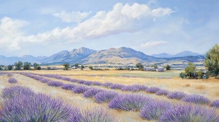 Naklejka premium Lavender Fields Under a Summer Sky and Mountains