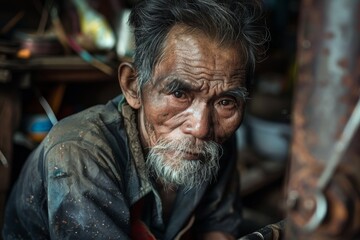 Obraz premium A detailed portrait of an elderly man in Southeast Asia, captured in a workshop setting, A detailed portrait capturing the spirit of a local artisan at work