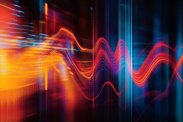 Naklejka premium Abstract Vibrant Waveforms: Red Orange Blue Digital Art