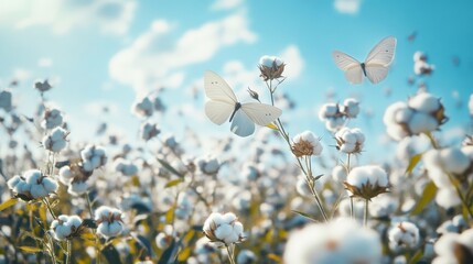 A serene cotton field with white flowers under a bright blue sky. Butterflies gently flutter around, adding beauty to the scene.