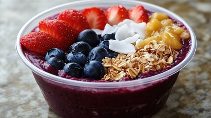 A colorful acai bowl topped with fruits, granola, and coconut.
