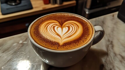 A beautifully crafted latte with heart-shaped foam art in a white cup.