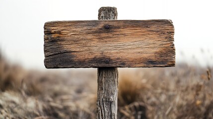 Naklejka premium A weathered wooden signpost stands in a dry field. The blank sign offers space for a message or direction. Rustic charm.