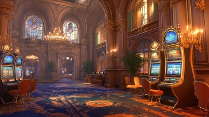 Obraz premium Elegant Casino Interior With Slot Machines And Rich Decor