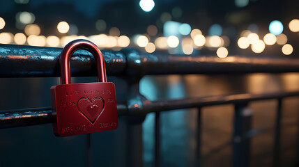 Red love lock with a heart shape on a bridge at night, romantic ambiance, blurred city lights