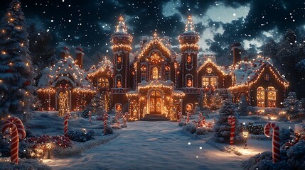 Obraz premium A fantastical gingerbread mansion with towering candy cane columns, a roof of sparkling icing and jelly beans, surrounded by frosted gumdrop gardens, snowflakes gently falling,