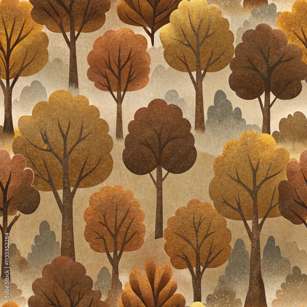 Poster autumn forest pattern with colorful trees against a textured background