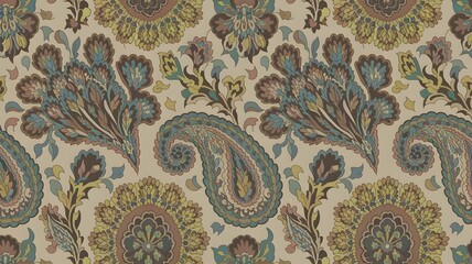 Detailed paisley pattern with floral accents in muted earth tones creating a vintage aesthetic design look