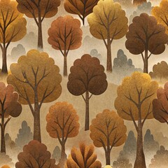 Autumn forest pattern with colorful trees against a textured background
