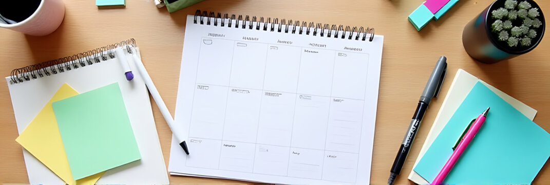 Desk setup includes new year planning tools such as notebooks, pens, sticky notes, and a calendar to organize goals and actions._00001_